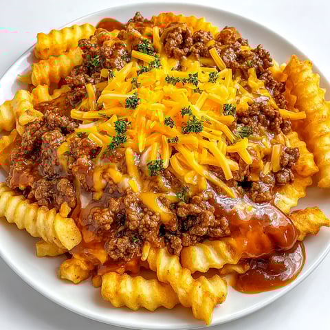 A plate of Tex-Mex poutine with cheese and chili.