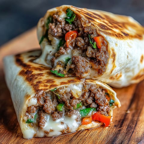 A Philly Cheese Steak Wrap is cut in half and placed on a wooden table.