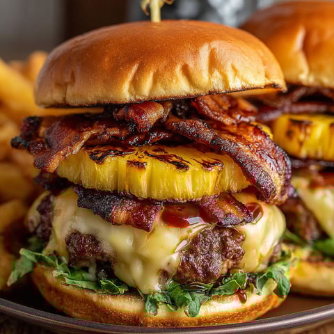 A close up of a pineapple bacon burger.