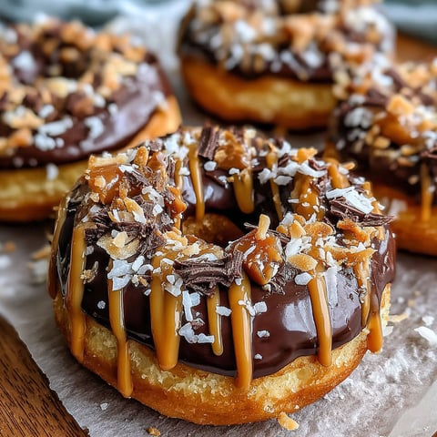 A close up of a chocolate caramel donut.