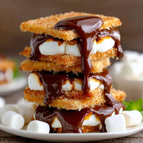 A stack of deep fried s'mores with chocolate drizzle.