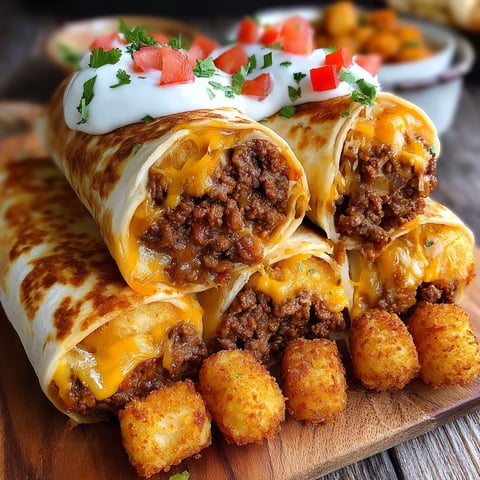 A plate of cheesy potato burritos with beef.