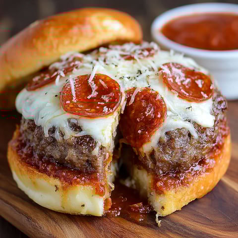 A slice of pizza burger with cheese and pepperoni.