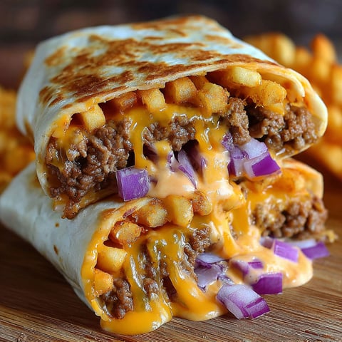 A cheeseburger burrito with onions and cheese.