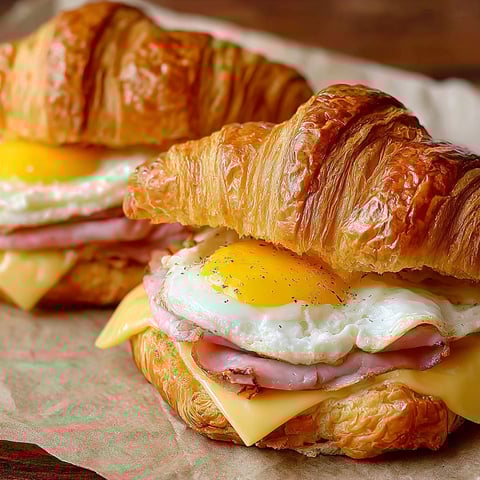 Two croissants with eggs and ham.