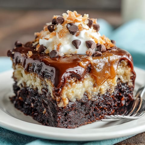 A slice of German Chocolate Poke Cake.
