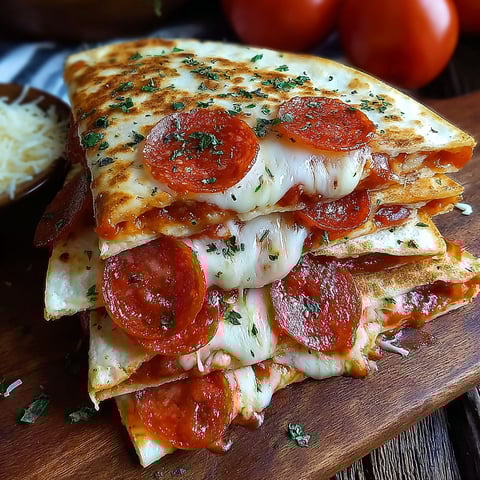 A pepperoni pizza quesadilla fusion is stacked on a wooden board.