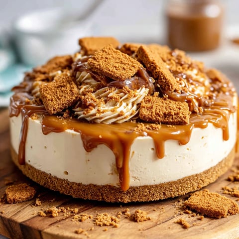 A slice of Biscoff cheesecake on a wooden cutting board.