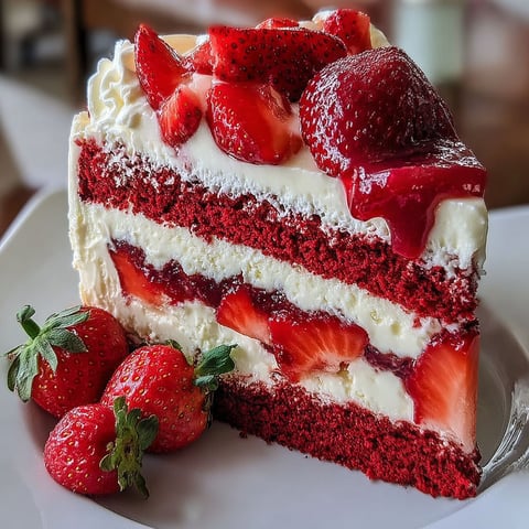 A slice of red velvet strawberry cheesecake.