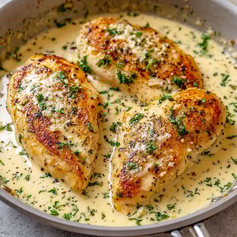 A skillet with garlic Parmesan chicken.