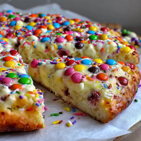 A slice of white chocolate brownie pizza.