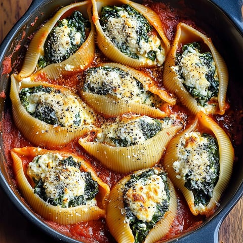 A dish of spinach and ricotta stuffed shells.