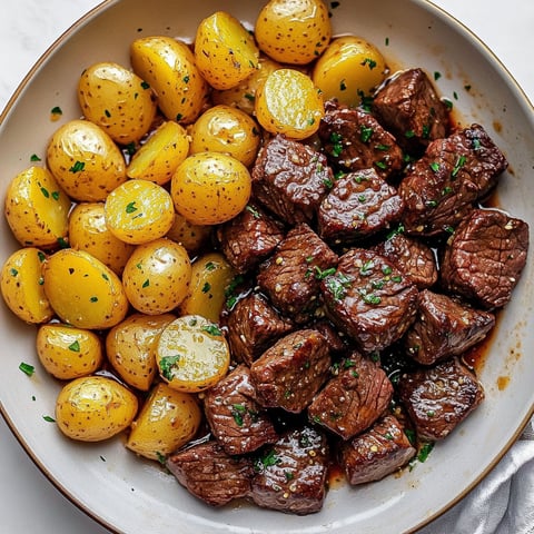 A plate of steak and potatoes with garlic butter.