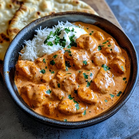 A bowl of butter chicken with rice and green onions.