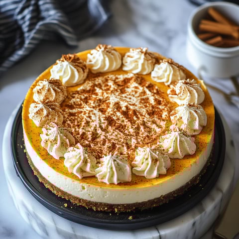A slice of pumpkin pie cheesecake with whipped cream.