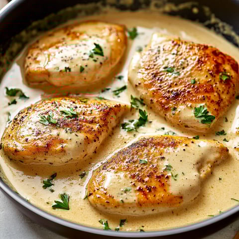 A pan of chicken with a creamy sauce.