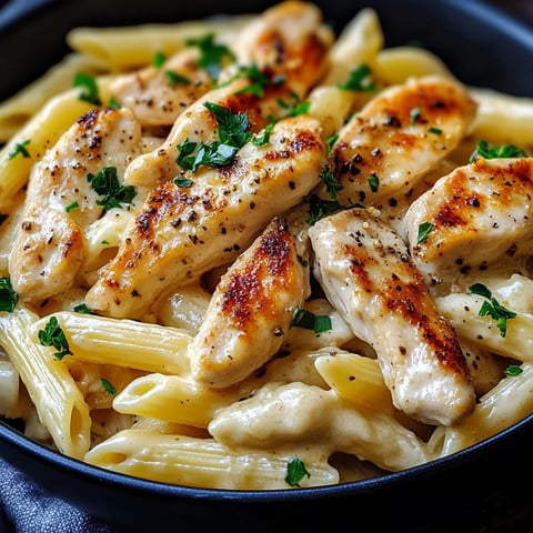 A bowl of creamy garlic chicken and penne.