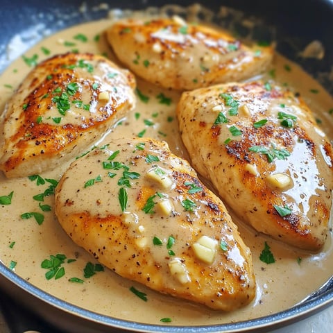 A pan of chicken covered in a creamy garlic sauce.