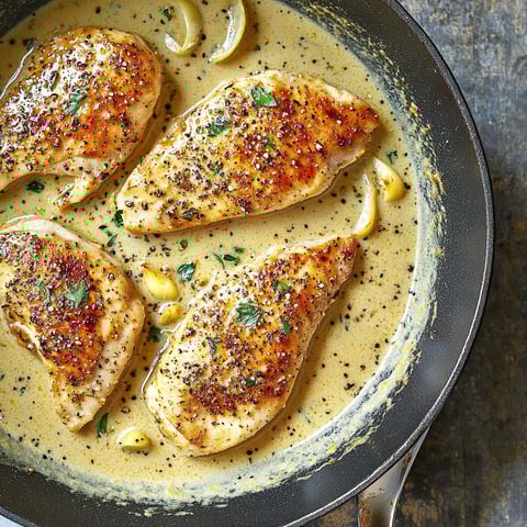 A pan of chicken with a creamy garlic sauce.