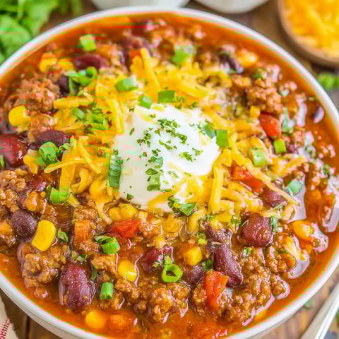 A bowl of chili with a dollop of sour cream on top.