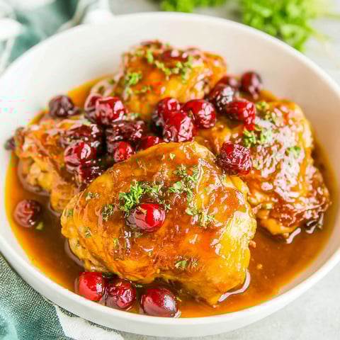 A bowl of chicken with cranberries and apricots.