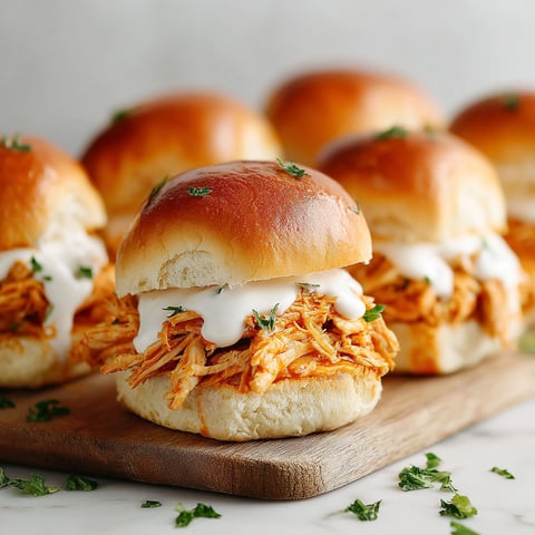 Four Buffalo Chicken Sliders on a wooden platter.