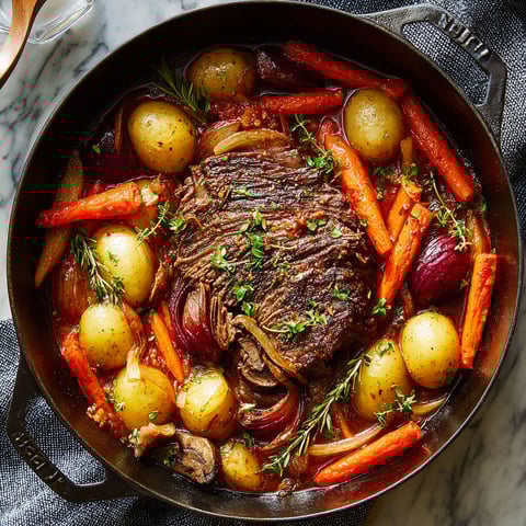 A pot roast with carrots and potatoes.