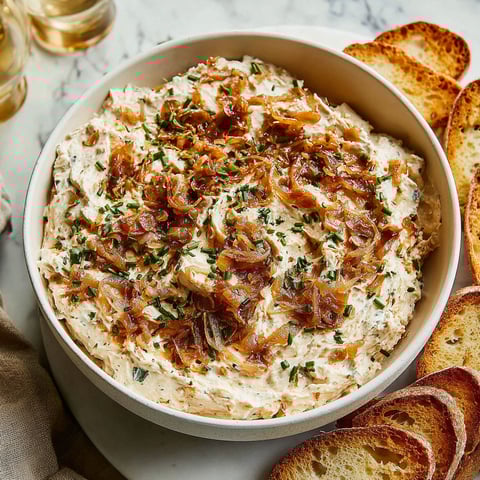 A bowl of caramelized onion dip with a spoon in it.