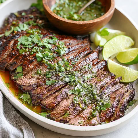 A plate of carne asada with limes and spices.