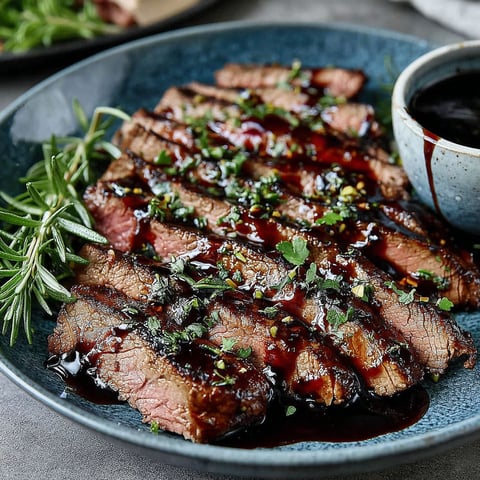 A plate of steak with balsamic glaze.