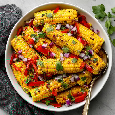 A bowl of grilled corn salad with cilantro and peppers.