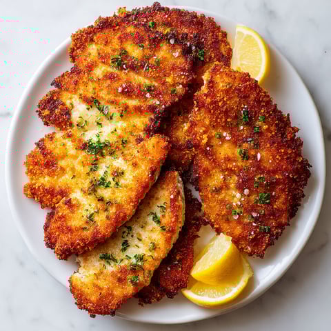 A plate of crispy chicken schnitzel.