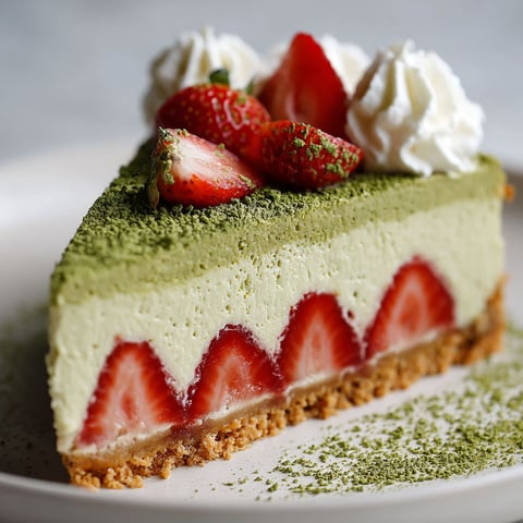 A slice of strawberry matcha latte cheesecake.