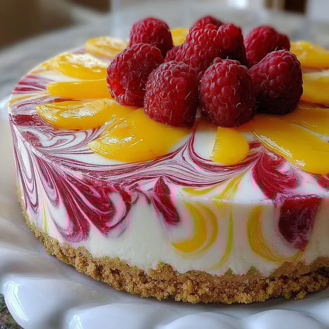 A slice of lemon raspberry swirl cheesecake.