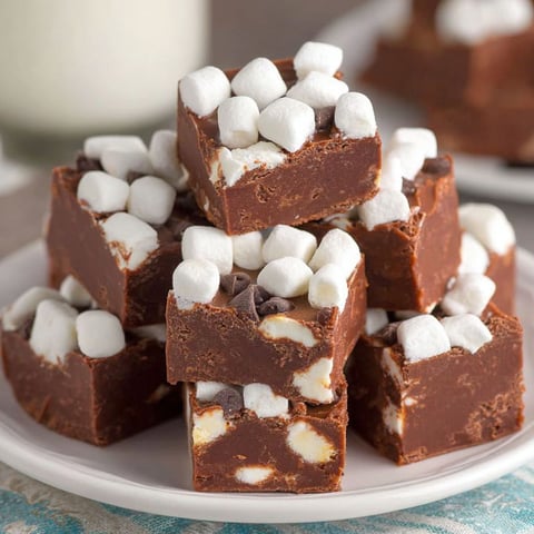 A plate of chocolate fudge with marshmallows on top.