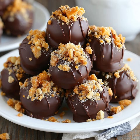 A plate of chocolate balls with nuts on top.