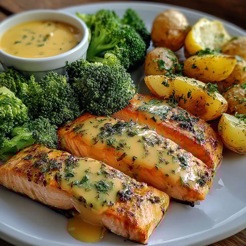 A plate of food with fish, potatoes and broccoli.