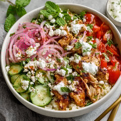 A bowl of Greek chicken gyro with rice, tomatoes, onions, and mints.