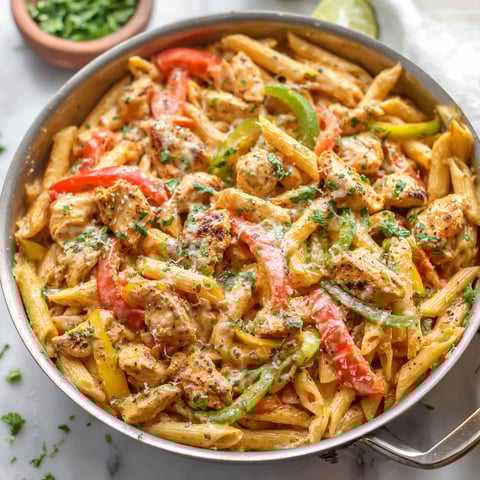A bowl of chicken fajita pasta.