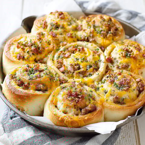 A pan of French Onion Breakfast Rolls.