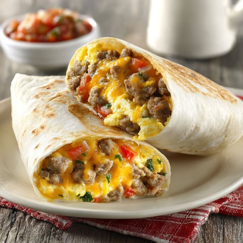 Two breakfast burritos with eggs and cheese.
