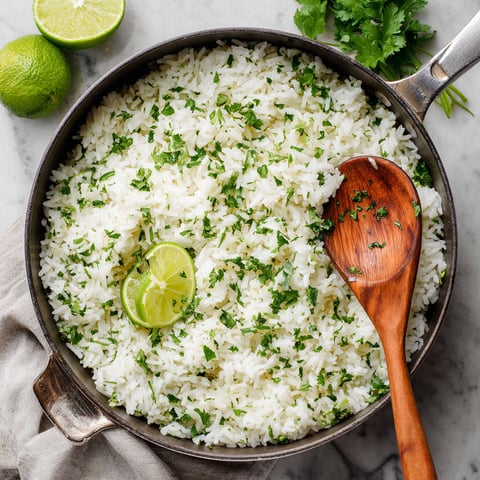 A pan of rice with cilantro and lime.
