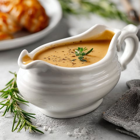 A bowl of homemade turkey gravy.