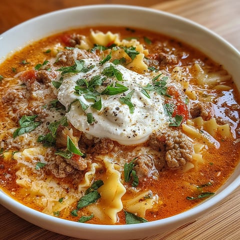 A bowl of lasagna soup with cheese.
