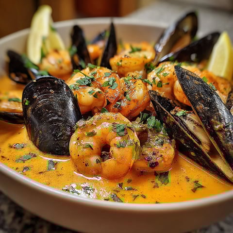 A bowl of shrimp and mussels in a creamy garlic sauce.