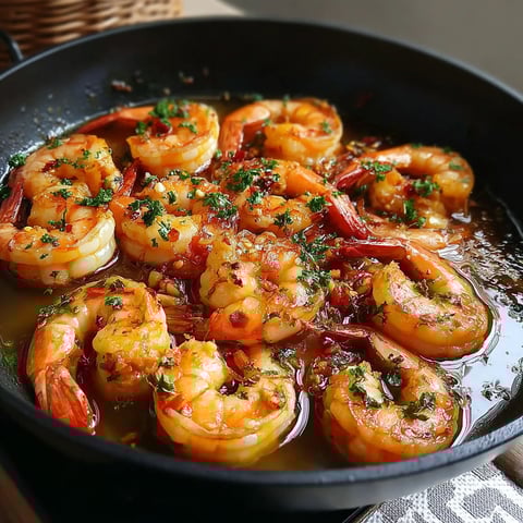 A pan of shrimp with garlic and spices.