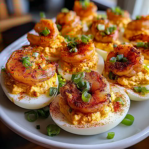 A plate of deviled eggs with shrimp on top.