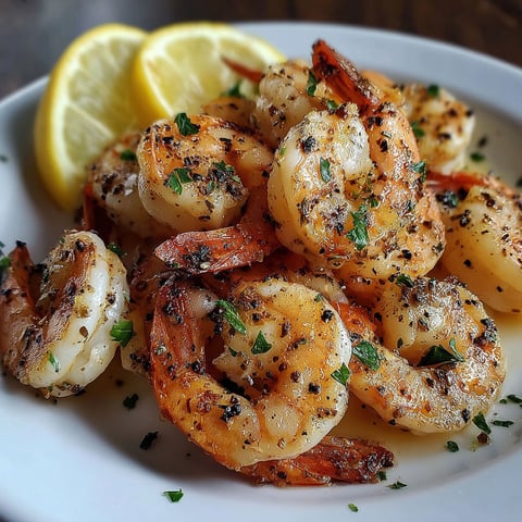 A plate of shrimp with lemon and garlic.