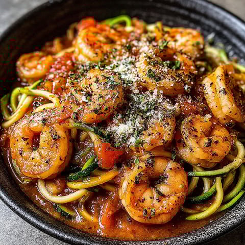 A bowl of shrimp scampi with zoodles.