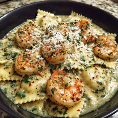 A bowl of creamy shrimp parmesan ravioli.
